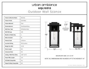 Urban Ambiance - Wall Sconce - UQL10312 Craftsman Outdoor Wall Sconce, 18''H x 10''W x 10.75''Dep, Earth Black Finish, Merridale Collection - 
