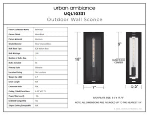 Urban Ambiance - Wall Sconce - UQL10331 Utilitarian Outdoor Wall Sconce, 18''H x 7''W x 5.5''Dep, Matte Black Finish, Penmarsh Collection - 