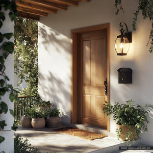 A wooden front door features a welcome mat, potted plants, and a black mailbox, with the Urban Ambiance UQL1170 Colonial Outdoor Wall Light from the Manchester Collection (17″H x 5.5″W, Medieval Bronze Finish) mounted on the wall. Sunlight casts shadows across the porch.