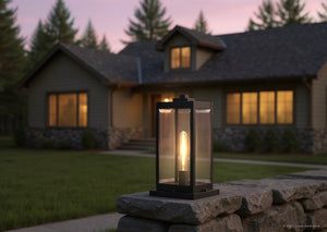 A UQL1336 Modern Farmhouse Outdoor Pier Light from Urban Ambiance’s Quincy Collection, featuring a natural black finish and beveled glass panels, is illuminated atop a stone wall in front of a house with glowing windows at dusk, framed by surrounding trees.