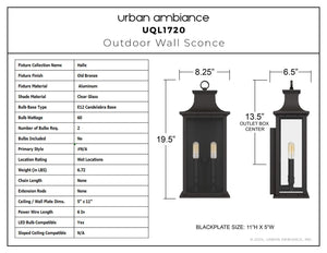 Diagram of the Urban Ambiance UQL1720 Classic Outdoor Wall Sconce from the Halle Collection, measuring 19.50''H x 8.25''W x 6.50''D, marine-grade old bronze finish, with beveled glass and front/side views.