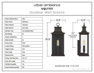 Diagram displaying dimensions and specs for the Urban Ambiance UQL1721 Classic Outdoor Wall Sconce from the Halle Collection, 15.50''H x 6.50''W x 5.50''D, old bronze finish, marine-grade construction, with beveled glass panels and bulb type.
