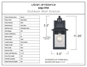 Urban Ambiance - Wall Sconce - UQL1751 Vintage Outdoor Wall Sconce, 11.25''H x 5.50''W x 6.25''D, Mystic Black Finish, Viersen Collection - 