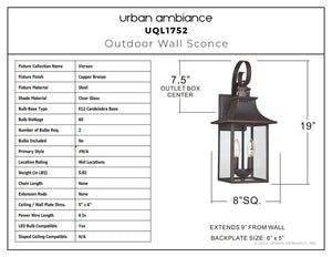 Urban Ambiance - Wall Sconce - UQL1752 English Country Outdoor Wall Sconce, 19.00''H x 8.00''W x 8.75''D, Copper Bronze Finish, Viersen Collection - 