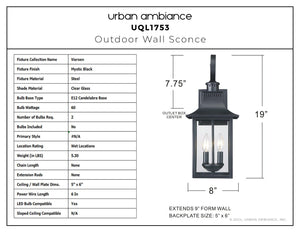 Urban Ambiance - Wall Sconce - UQL1753 English Country Outdoor Wall Sconce, 19.00''H x 8.00''W x 8.75''D, Mystic Black Finish, Viersen Collection - 