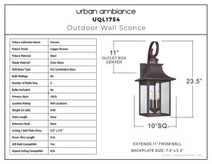 Urban Ambiance - Wall Sconce - UQL1754 English Country Outdoor Wall Sconce, 23.25''H x 10.00''W x 10.75''D, Copper Bronze Finish, Viersen Collection - 