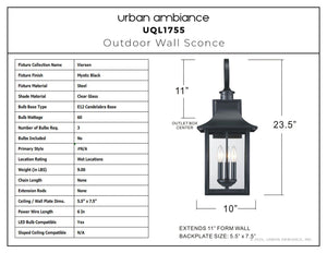 Urban Ambiance - Wall Sconce - UQL1755 English Country Outdoor Wall Sconce, 22.00''H x 9.00''W x 9.75''D, Mystic Black Finish, Viersen Collection - 