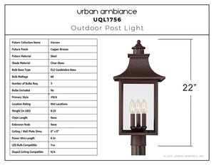 Urban Ambiance - Post Light - UQL1756 Vintage Outdoor Post Light, 21.75''H x 10.00''W x 10.00''D, Copper Bronze Finish, Viersen Collection - 