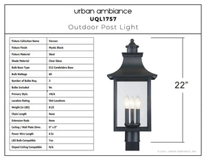 Urban Ambiance - Post Light - UQL1757 Vintage Outdoor Post Light, 21.75''H x 10.00''W x 10.00''D, Mystic Black Finish, Viersen Collection - 
