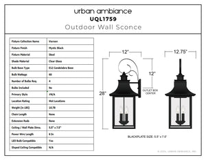 Urban Ambiance - Wall Sconce - UQL1759 English Country Outdoor Wall Sconce, 28.00''H x 12.00''W x 12.75''D, Mystic Black Finish, Viersen Collection - 