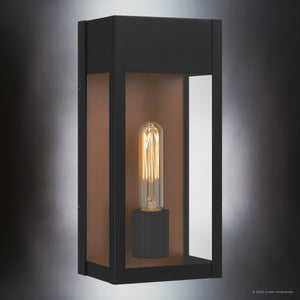 The Urban Ambiance UQL1801 Luxe Industrial Outdoor Wall Sconce from the Kingsley Collection features a matte black finish, clear glass sides, and exposed bulb in a marine-grade, 13