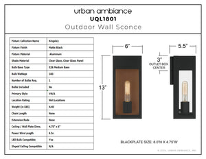 Specification sheet for the Urban Ambiance UQL1801 Luxe Industrial Outdoor Wall Sconce, Kingsley Collection, 13''H x 6''W x 5.5''D, matte black marine-grade finish, includes labeled diagrams and detailed feature table.