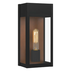 The Urban Ambiance UQL1801 Luxe Industrial Outdoor Wall Sconce from the Kingsley Collection features a matte black finish, marine-grade construction, and measures 13''H x 6''W x 5.5''D for versatile indoor or outdoor use.