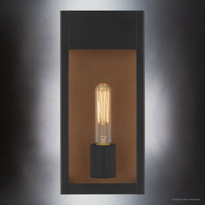 The Urban Ambiance UQL1801 Luxe Industrial Outdoor Wall Sconce from the Kingsley Collection features a matte black, marine-grade frame (13''H x 6''W), combining stylish curb appeal and durability for outdoor spaces.