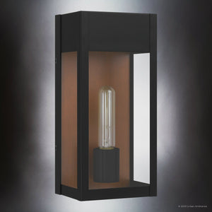 The Urban Ambiance UQL1801 Luxe Industrial Outdoor Wall Sconce from the Kingsley Collection features a matte black finish, marine-grade construction, glass panels, a visible tubular bulb, and measures 13''H x 6''W x 5.5''D.