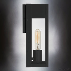 The UQL1801 Luxe Industrial Outdoor Wall Sconce by Urban Ambiance features a matte black finish, exposed vertical bulb, and marine-grade construction, shown against a neutral gradient background. Dimensions: 13