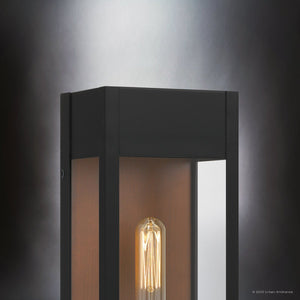 Close-up of the Urban Ambiance UQL1801 Luxe Industrial Outdoor Wall Sconce from the Kingsley Collection, featuring a matte black marine-grade rectangular frame and glass panels for a modern look. Measures 13