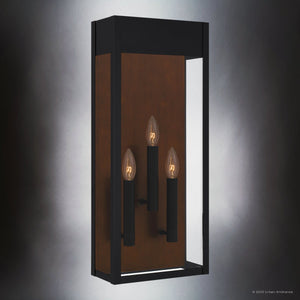 The Urban Ambiance UQL1802 Luxe Industrial Outdoor Wall Sconce from the Kingsley Collection features a matte black finish, marine-grade construction, and measures 24''H x 10''W x 5.75''D.