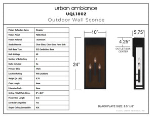 Product sheet for Urban Ambiance UQL1802 Luxe Industrial Outdoor Wall Sconce, Kingsley Collection, 24''H x 10''W x 5.75''D, matte black, marine-grade material; includes bulb details and front image for outdoor use.
