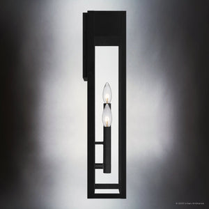 The Urban Ambiance UQL1802 Luxe Industrial Outdoor Wall Sconce features a matte black finish, vertical rectangular design, and two candle-style bulbs, measuring 24