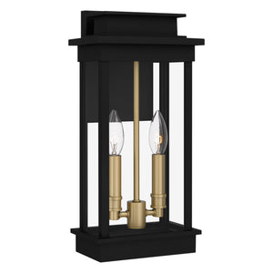 The Urban Ambiance UQL1820 Selby Collection outdoor wall sconce features a rectangular, marine-grade matte black frame with clear glass panels and two candle-style sockets, measuring 15.50