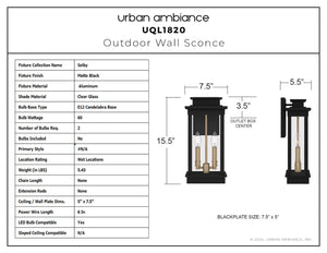 Diagram of the Urban Ambiance UQL1820 New Traditional Outdoor Wall Sconce from the Selby Collection, 15.50''H x 7.50''W x 5.50''D, marine-grade matte black finish, with labeled specs illustrating its modern lantern-style design.