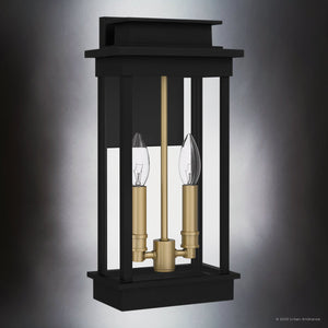 The Urban Ambiance UQL1820 Selby outdoor wall sconce features a matte black finish, marine-grade construction, and two exposed candle-style bulbs, blending modern and timeless design in a 15.50''H x 7.50''W silhouette.