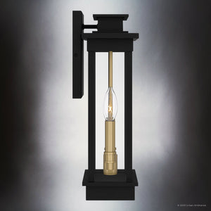 The Urban Ambiance UQL1820 Selby Collection Outdoor Wall Sconce features a modern lantern design with a matte black finish, gold socket, and marine-grade construction. Measures 15.5”H x 7.5”W x 5.5”D.