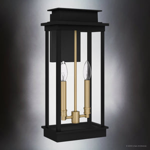 The Urban Ambiance Selby Collection UQL1821 New Traditional Outdoor Wall Sconce features a rectangular matte black finish, durable marine-grade construction, and measures 18.75”H x 8.75”W x 6.00”D with clear panels and candle-style bulbs.