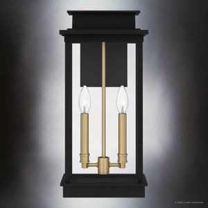 Urban Ambiance UQL1821 Selby wall sconce features a rectangular matte black finish, measures 18.75''H x 8.75''W x 6''D, and showcases marine-grade construction with two candle-style bulbs against a softly lit gray background.