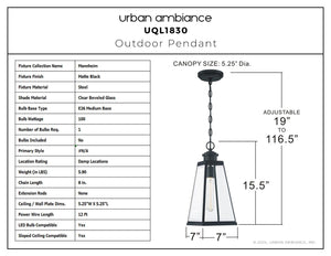 Urban Ambiance - Pendant - UQL1830 New Traditional Outdoor Pendant, 15.50''H x 7.00''W x 7.00''D, Matte Black Finish, Mannheim Collection - 