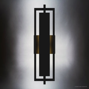 The UQL1840 Modern Outdoor Wall Sconce by Urban Ambiance features a geometric rectangular design with a matte black finish, marine-grade construction, and integrated LED. Size: 20.50