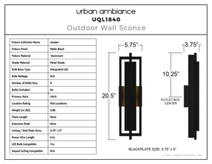 Diagram and specs for Urban Ambiance UQL1840 Modern Outdoor Wall Sconce (Juniper Collection), 20.50''H x 5.75''W x 3.75''D, matte black, marine-grade; includes front/side views, dimensions, materials, and technical details.