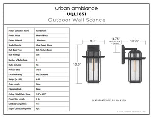 Urban Ambiance - Wall Sconce - UQL1851 Craftsman Outdoor Wall Sconce, 16.50''H x 9.00''W x 10.25''D, Mottled Black Finish, Camberwell Collection - 