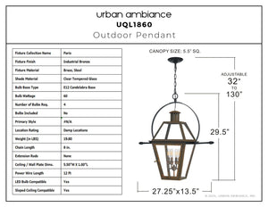 Urban Ambiance - Pendant - UQL1860 Vintage Outdoor Pendant, 29.50''H x 27.50''W x 13.50''D, Industrial Bronze Finish, Paris Collection - 