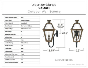 Urban Ambiance - Wall Sconce - UQL1861 Vintage Outdoor Wall Sconce, 23.50''H x 10.50''W x 12.75''D, Industrial Bronze Finish, Paris Collection - 