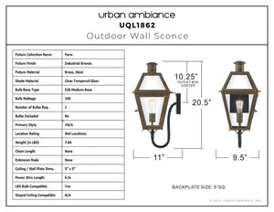 Urban Ambiance - Wall Sconce - UQL1862 Vintage Outdoor Wall Sconce, 20.50''H x 9.50''W x 11.00''D, Industrial Bronze Finish, Paris Collection - 