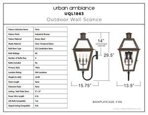 Urban Ambiance - Wall Sconce - UQL1863 Vintage Outdoor Wall Sconce, 29.50''H x 13.50''W x 15.75''D, Industrial Bronze Finish, Paris Collection - 