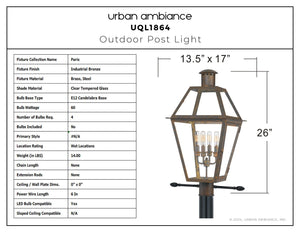 Urban Ambiance - Post Light - UQL1864 Vintage Outdoor Post Light, 26.00''H x 17.00''W x 13.50''D, Industrial Bronze Finish, Paris Collection - 