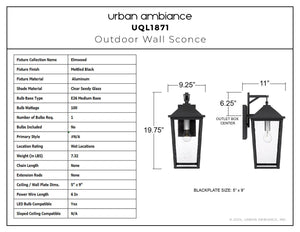 Urban Ambiance UQL1871 Modern Rustic Outdoor Wall Sconce, Elmwood Collection: mottled black finish, marine-grade, clear seeded glass; 19.75''H x 9.25''W x 11.00''D; front and side views plus specs chart shown.