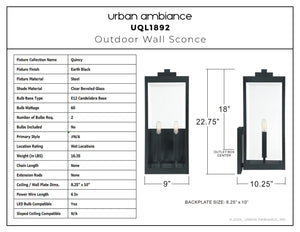Diagram of the Quincy Collection UQL1892 Modern Farmhouse Outdoor Wall Sconce by Urban Ambiance, showing its 22.75''H x 9''W x 10.25''D size, natural black finish, specifications, and sleek beveled glass exterior design.