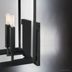 Close-up of the Urban Ambiance UQL1892 Modern Farmhouse Outdoor Wall Sconce from the Quincy Collection, featuring a rectangular black metal frame with two exposed bulbs. Size: 22.75