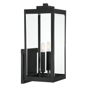 The Urban Ambiance UQL1892 Modern Farmhouse Outdoor Wall Sconce from the Quincy Collection features a rectangular frame, beveled glass, and two exposed vertical bulbs in a natural black finish—perfect for adding style to your space.