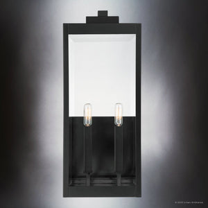 The Urban Ambiance UQL1892 Quincy Collection sconce is a modern farmhouse outdoor wall light in natural black, measuring 22.75''H x 9.00''W x 10.25''D, featuring two exposed vertical bulbs against a grey background.