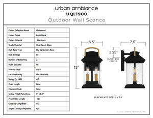 Urban Ambiance - Wall Sconce - UQL1900 New Traditional Outdoor Wall Sconce, 13''H x 6.5''W x 7.5''D, Earth Black Finish, Chatswood Collection - 