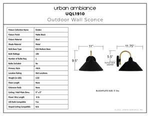 Urban Ambiance - Wall Sconce - UQL1910 Urban Loft Outdoor Wall Sconce, 9.5''H x 11''W x 11.75''D, Matte Black Finish, Emden Collection - 