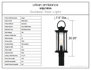 Urban Ambiance - Post Light - UQL1924 Nautical Outdoor Post Light, 20.25''H x 7.5''W x 7.5''D, Matte Black Finish, Jasper Collection - 
