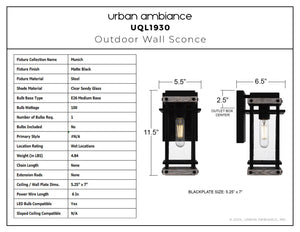 Urban Ambiance - Wall Sconce - UQL1930 Modern Farmhouse Outdoor Wall Sconce, 11.5''H x 5.5''W x 6.5''D, Matte Black Finish, Munich Collection - 
