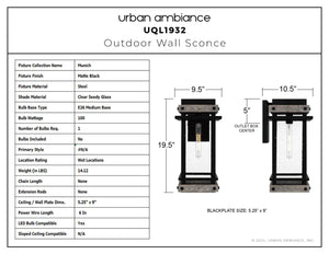 Urban Ambiance - Wall Sconce - UQL1932 Modern Farmhouse Outdoor Wall Sconce, 19.5''H x 9.5''W x 10.5''D, Matte Black Finish, Munich Collection - 