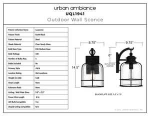 Urban Ambiance - Wall Sconce - UQL1941 Coastal Outdoor Wall Sconce, 14.5''H x 8.75''W x 9.75''D, Earth Black Finish, Lausanne Collection - 